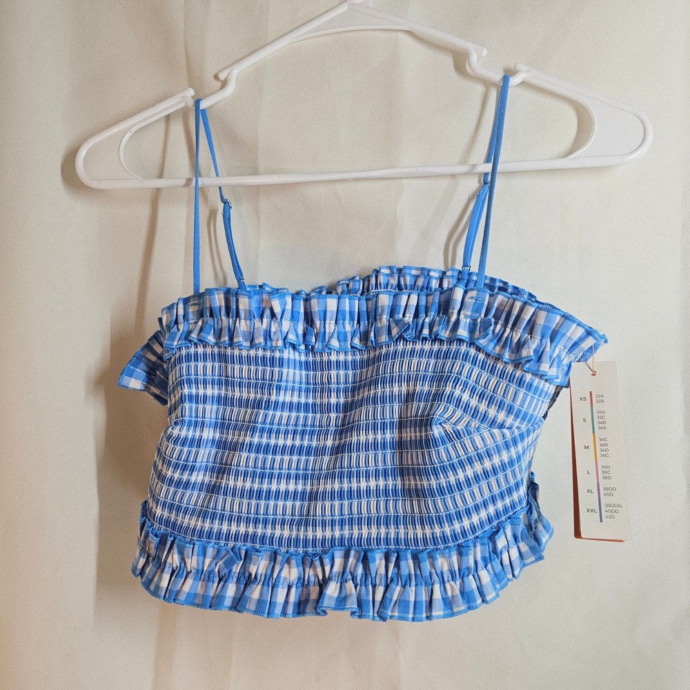 Colsie Blue Gingham Smocked Ruffle Trim Cropped Cami‎ Top